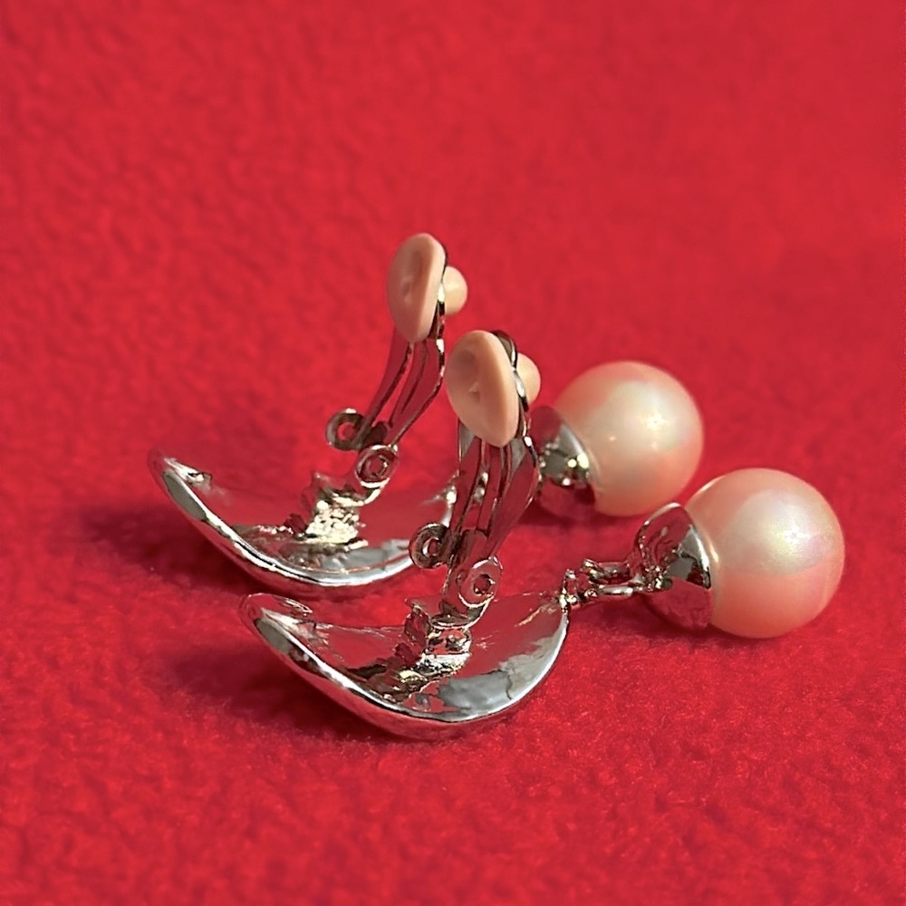Elegant and Sparkle Pave Crystal and Faux Pearl Silver Clip On Drop Earrings - Picture 6 of 6